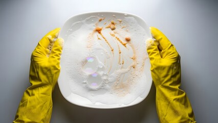 Gloved hands holding a block of melting ice with brown streaks against a gray background