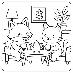 Cute Fox and Cat Tea Time Coloring Page – Cozy Friendship Scene, Black and White Line Art Illustration