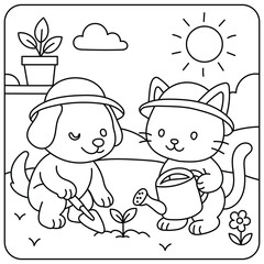 Cute Dog and Cat Gardening Coloring Page – Animal Friends Planting Together, Black and White Line Art Illustration