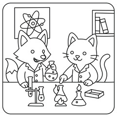 Cute Fox and Cat Science Lab Coloring Page – Animal Scientists Experimenting, Black and White Line Art Illustration