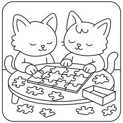 Cute Cats Solving Puzzle Coloring Page – Kittens Playing Jigsaw Together, Black and White Line Art Illustration