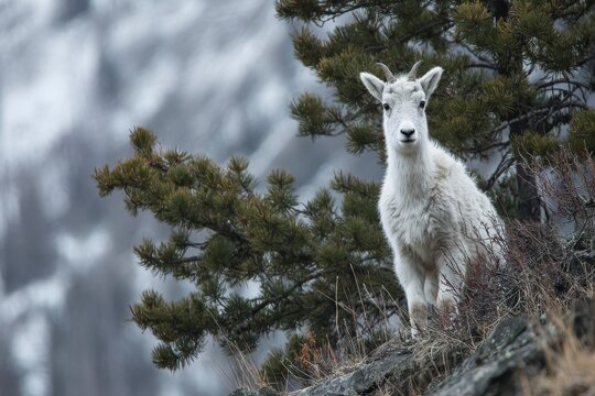 Young, white caprid stands alert among rocky alpine vegetation with misty background