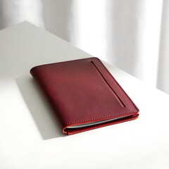Elegant red leather portfolio on white table in modern office setting