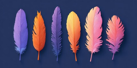 Colorful feathers arranged artistically on a deep blue background.