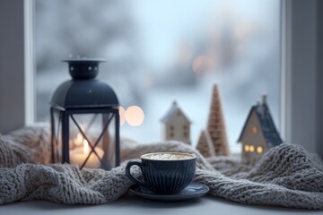 Obraz premium Cozy winter scene features a warm beverage beside a candle lantern and decorative miniature houses on a windowsill