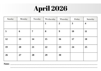 April 2026 monthly calendar vector design with a well-structured grid layout