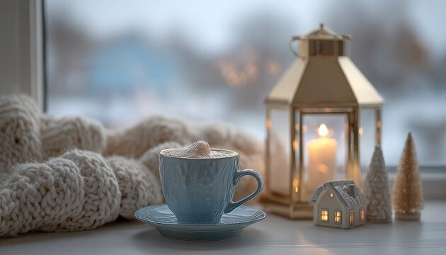 Warm beverage rests beside a glowing lantern and knitted texture on an indoor sill overlooking a wintry scene