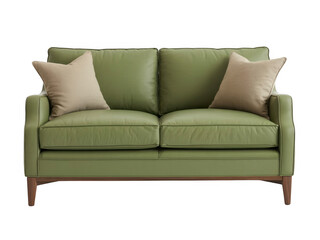 Green leather sofa with two beige pillows couch isolated on a transparent background