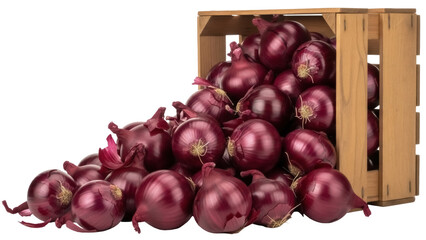 Isolated Wooden crate of red onions spilling out, raw vegetables and bulb crops heap