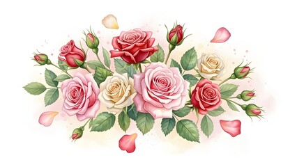 Naklejka premium A beautiful watercolor arrangement featuring red, pink, and cream roses with buds and leaves
