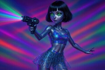 Cute Stylized Android Girl Character Holding a Rainbow Laser Blaster