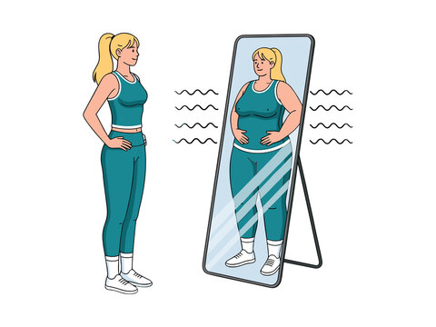 Slim Woman Looking in the Mirror Seeing Herself Overweight 