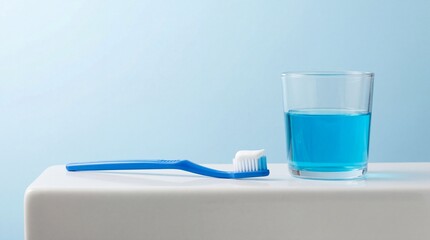 Clean blue toothbrush with toothpaste and a glass of mouthwash on a white countertop against a light blue background