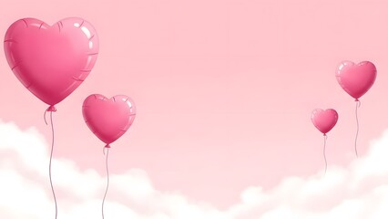 Pink heart shaped balloons floating on clouds