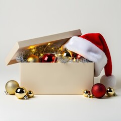 Open box overflows with festive Christmas decorations