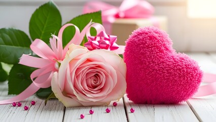 Pink rose and heart shaped decoration on white wooden table