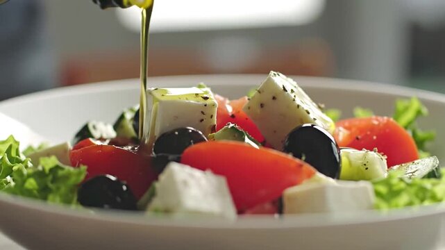 Close-up of a fresh salad. Olive oil being poured over feta cheese, tomatoes, olives, and greens