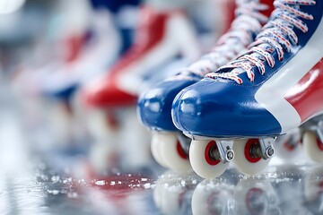 Retro roller skates standing on reflective surface