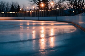 Empty ice rink reflecting warm string lights