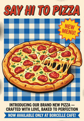 Delicious pepperoni pizza on blue checkered tablecloth
