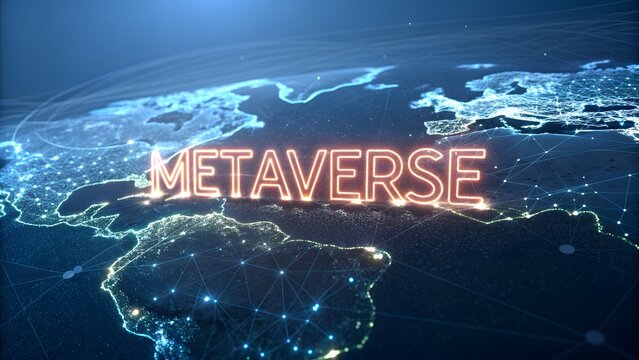 Digital representation of the word metaverse glowing above a stylized, illuminated world map showing continents and global connectivity in a futuristic dark blue environment - Powered by Adobe