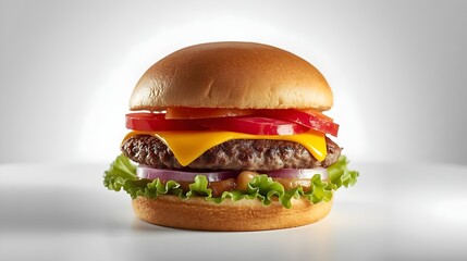 Yummy cheesy burger with soft buns outside, juicy beef patty, tomato, onion, lettuce