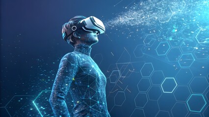 Futuristic woman wearing virtual reality headset immersed in digital data stream with glowing particles and abstract hexagonal network interface in dark blue background