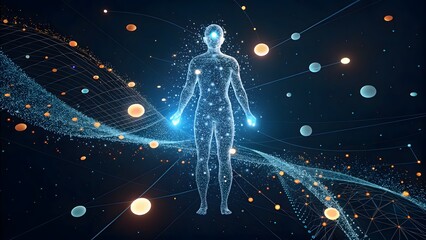 Digital human silhouette composed of glowing blue particles and data streams against a dark background representing artificial intelligence and connectivity