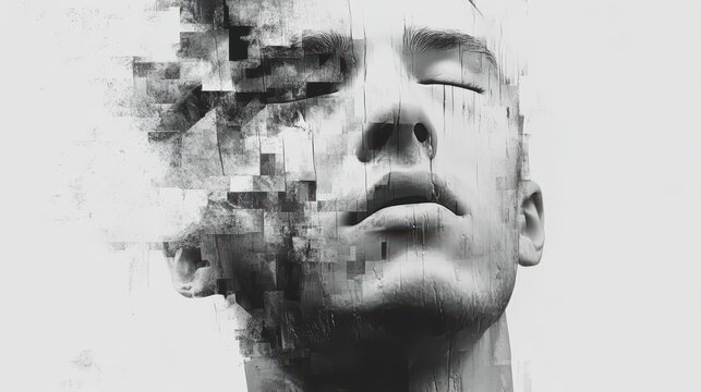 Abstract concept of male regression, face digitally degrading in glitch style, grayscale palette on white background.