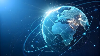 Digital glowing earth globe with network connections and light streaks symbolizing global communication, technology, and worldwide data transfer in a dark blue abstract background