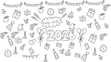 Hand drawn chalk vintage new year set. Whimsical Christmas dinner table decor candles, charcuterie, wine or champagne. Retro vintage ink holiday menu elements. La dolce vita vector illustration