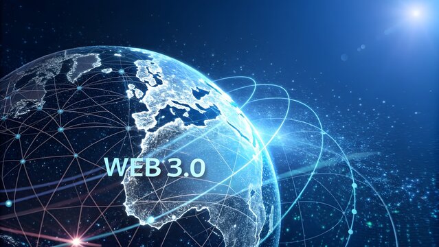 Digital representation of the earth globe with glowing lines and the text web 3 0 symbolizing decentralized internet technology and global connectivity in a futuristic blue background - Powered by Adobe