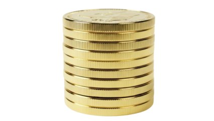 Isolated stack of gold coins with reeded edge and visible obverse design, in high angle