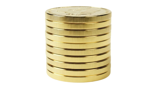 Isolated stack of gold coins with reeded edge and visible obverse design, in high angle