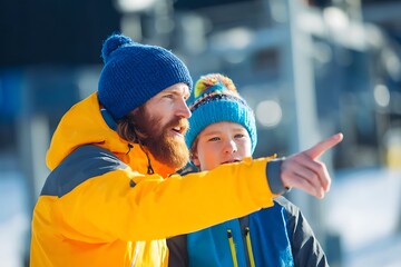 Father and son enjoying winter ski holiday pointing viewpoint