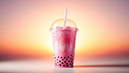 Refreshing pink bubble tea drink in a plastic cup with tapioca pearls and straw, a sweet beverage for summer refreshment, food and dessert concept.