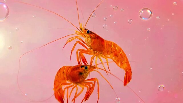 Two vibrant orange freshwater shrimp swim gracefully amidst numerous tiny air bubbles in a brightly lit pink aquatic environment