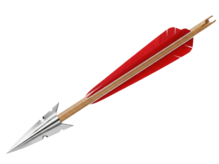 Isolated broadhead arrow with red fletching, ready to be shot with bow and aimed at target