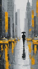 A Person Walks in Rain City Painting With Yellow Taxi Cabs