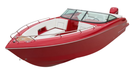 Isolated bright red boat with seating and windshield for summer fun or family outing