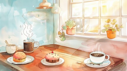 Fototapeta premium National Marzipan Day: Charming illustration of cozy coffee shop interior, marzipan desserts on wooden table, steaming coffee cup, warm color palette, soft watercolor style