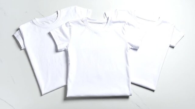Three clean, white, crew-neck t-shirts are artfully arranged on a light grey-marble surface