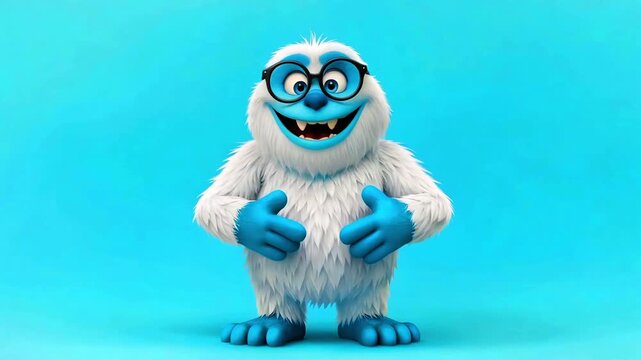 Adorable 3d animated yeti character with white fur blue hands and feet wearing round black glasses stands confidently against a bright cyan background