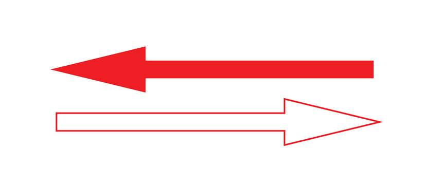Red arrows pointing both ways. Both sided right left pointing arrow. Horizontal double-headed arrow. Dual sided red arrow vector. Arrows data transfer icon.