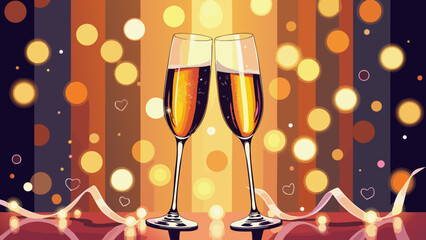 Celebratory toast with clinking champagne glasses in gold and amber vector illustration