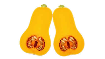Isolated Butternut Squash Halves display seeds, perfect for food preparation images