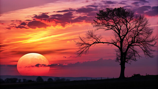 Dramatic sunset silhouette of a lone tree against vibrant orange and purple sky - Powered by Adobe