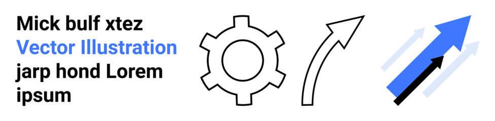 Gear symbol, curved arrow, and three blue upward arrows suggesting concepts of progress, movement, and innovation. Ideal for business, growth, direction, technology engineering productivity simple