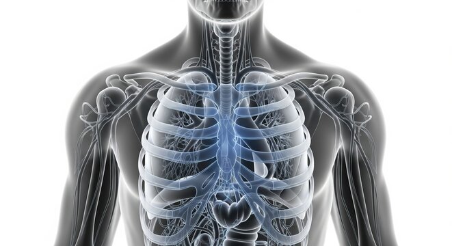 Anatomical illustration of the human rib cage and sternum highlighting a luminous blue heart