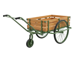 Isolated old-fashioned garden cart, wheelbarrow, and box are ready for hauling plants outdoors
